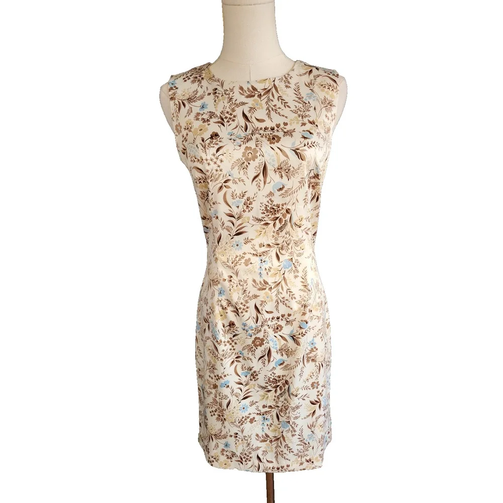 Vtg 90s Esprit Blue/Brown Silky Floral Dress Sz 3/4 Whimsigoth Fairy Grunge Y2k